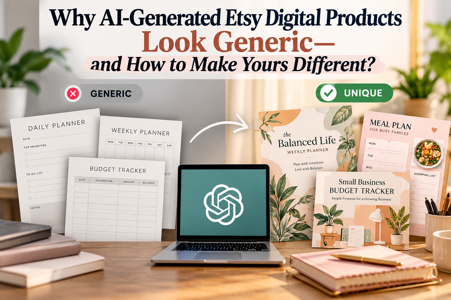 AI-generated Etsy digital products compared with unique buyer-focused digital product designs